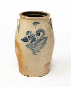AMERICAN THREE GALLON STONEWARE CHURN WITH COBALT DECORATION.