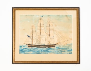 AMERICAN SCHOOL WATERCOLOR, GOUACHE, AND INK ON PAPER OF A THREE MASTED SHIP.