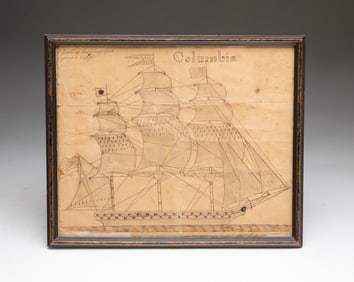 AMERICAN FOLK ART DRAWING ON PAPER OF THE SHIP COLUMBIA.