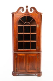 AMERICAN SOUTHERN INLAID CHERRY CORNER CUPBOARD.