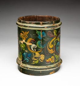 FOLK ART STAVE-CONSTRUCTED PAINT-DECORATED VESSEL.