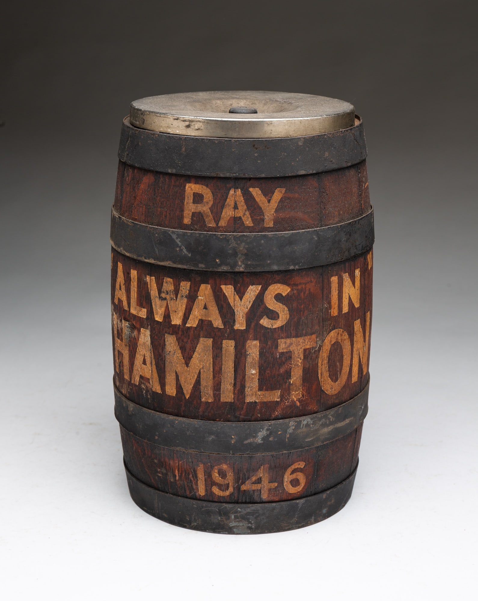 DIMINUTIVE WOODEN BARREL STAMPED "RAY ALWAYS IN HAMILTON 1946." (1 of 4)