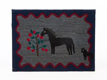 AMERICAN FOLK ART HOOKED RUG WITH HORSE, FOAL, AND APPLE TREE.