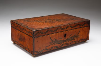 NEW ENGLAND CURLY MAPLE SCHOOLGIRL ACADEMY PAINT DECORATED BOX.