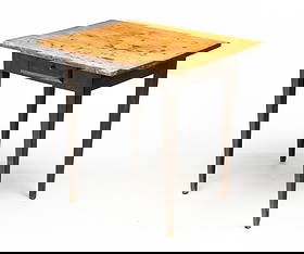 AMERICAN HEPPLEWHITE ONE-DRAWER STAND.: Early 19th Century. Pine. One-board scrubbed top, base with overlapping drawer, tapered legs with pegged and square nail construction. Old if not original dry finish. 28.75"h. 29"w. 23.75"d.Provenance