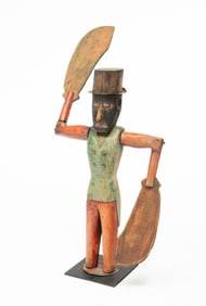 AMERICAN FOLK ART CARVED AND PAINTED WHIRLIGIG OF MAN IN TOP HAT.