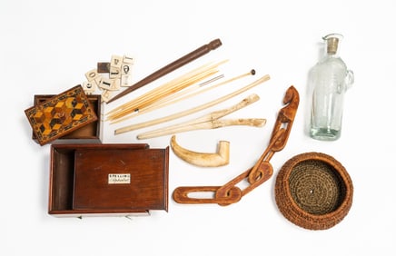 ECLECTIC DECORATIVE GROUPING, INCL. CARVED HORSEHEAD WHIMSEY CHAIN.