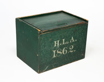 AMERICAN GREEN-PAINTED PINE SLIDE-LID DOCUMENT BOX, DATED 1862.