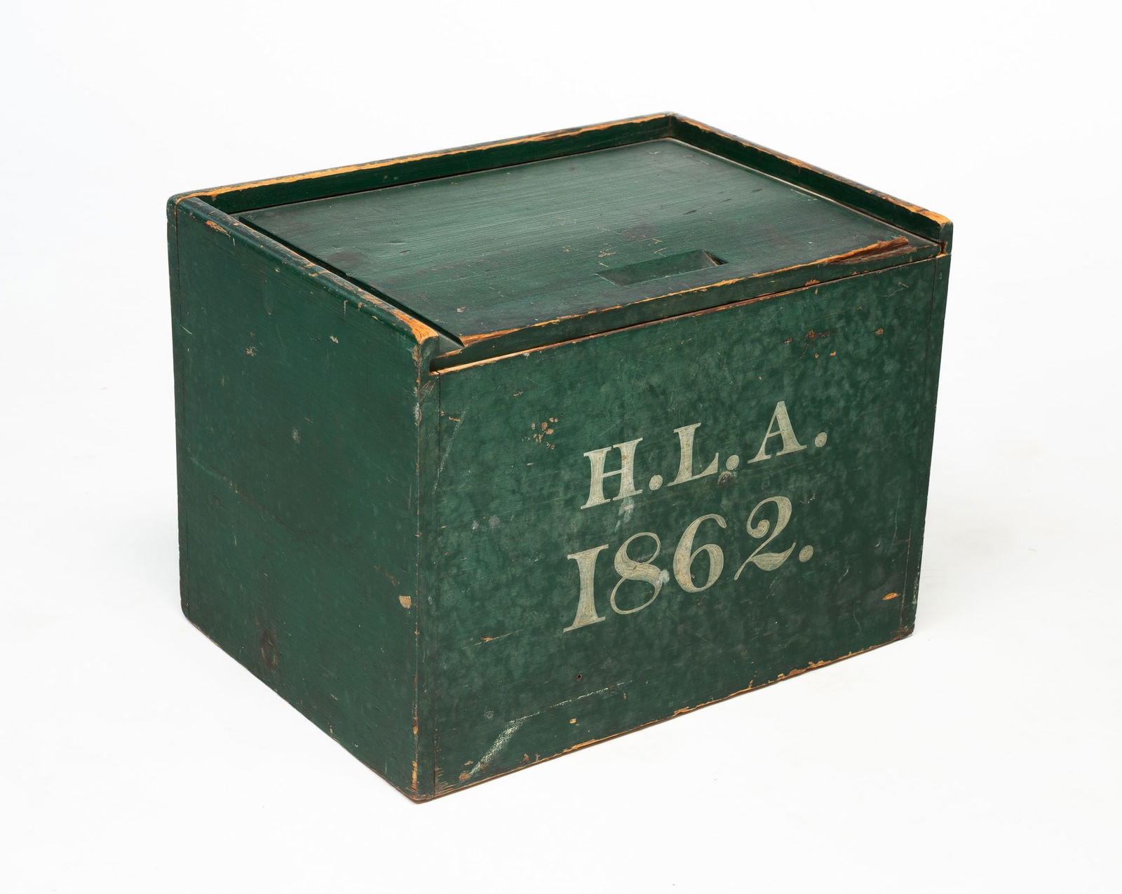 AMERICAN GREEN-PAINTED PINE SLIDE-LID DOCUMENT BOX, DATED 1862. (1 of 5)