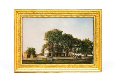 WONDERFUL FOLK ART PAINTING OF A FARMHOUSE WITH CARRIAGE SIGNED L.R. CURTISS.