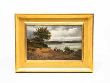 AMERICAN SCHOOL LANDSCAPE SCENE OF A BOY WITH HORSES BY WATER'S EDGE.