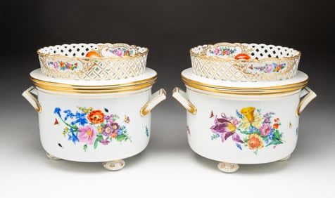 TWO MEISSEN PORCELAIN LIDDED FRUIT COOLERS.