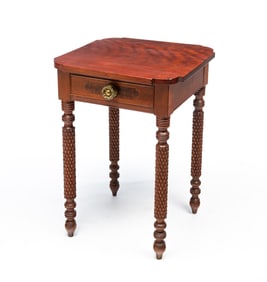 OHIO SHERATON CHERRY AND BURLWOOD-INLAID ONE-DRAWER STAND.