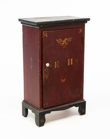 MINIATURE SOAP HOLLOW (SOMERSET COUNTY, PENNSYLVANIA) RED-PAINTED, EBONIZED, AND GILT-STENCILED PINE