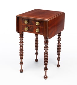 AMERICAN SHERATON MAHOGANY DROP-LEAF TWO-DRAWER STAND.
