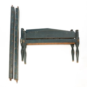 NEW ENGLAND BLUE-PAINTED FULL SIZE ROPE BED.