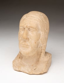 MINIATURE CARVED STONE BUST OF A NATIVE AMERICAN MAN, SIGNED WAGNER AND DATED 1927.