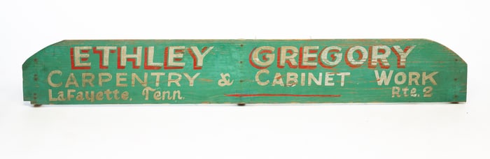 FOLKSY PAINTED "ETHLEY GREGORY CARPENTRY AND CABINET WORK" TRADE SIGN.
