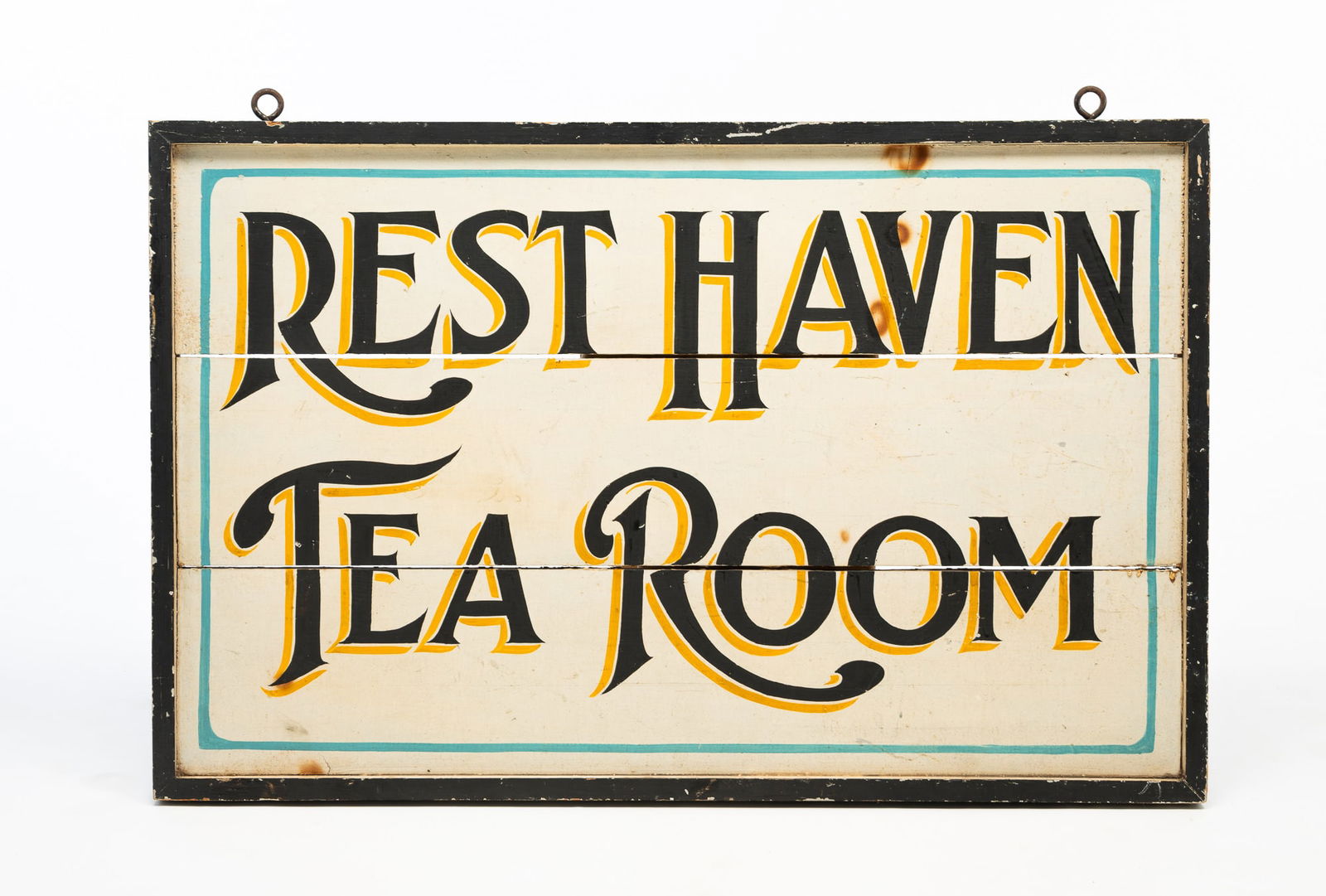 "REST HAVEN TEA ROOM" DOUBLE-SIDED PAINTED WOODEN SIGN. (1 of 4)