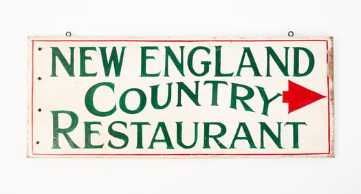 "NEW ENGLAND COUNTRY RESTAURANT" PAINTED WOOD TRADE SIGN.