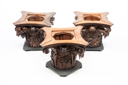 THREE NEW YORK HAND-CARVED WOOD ARCHITECTURAL COLUMN CAPITALS.
