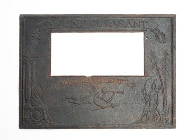 RARE MOUNT PLEASANT CAST IRON STOVE FACADE WITH AMERICAN INDIAN AND BRITANNIA.