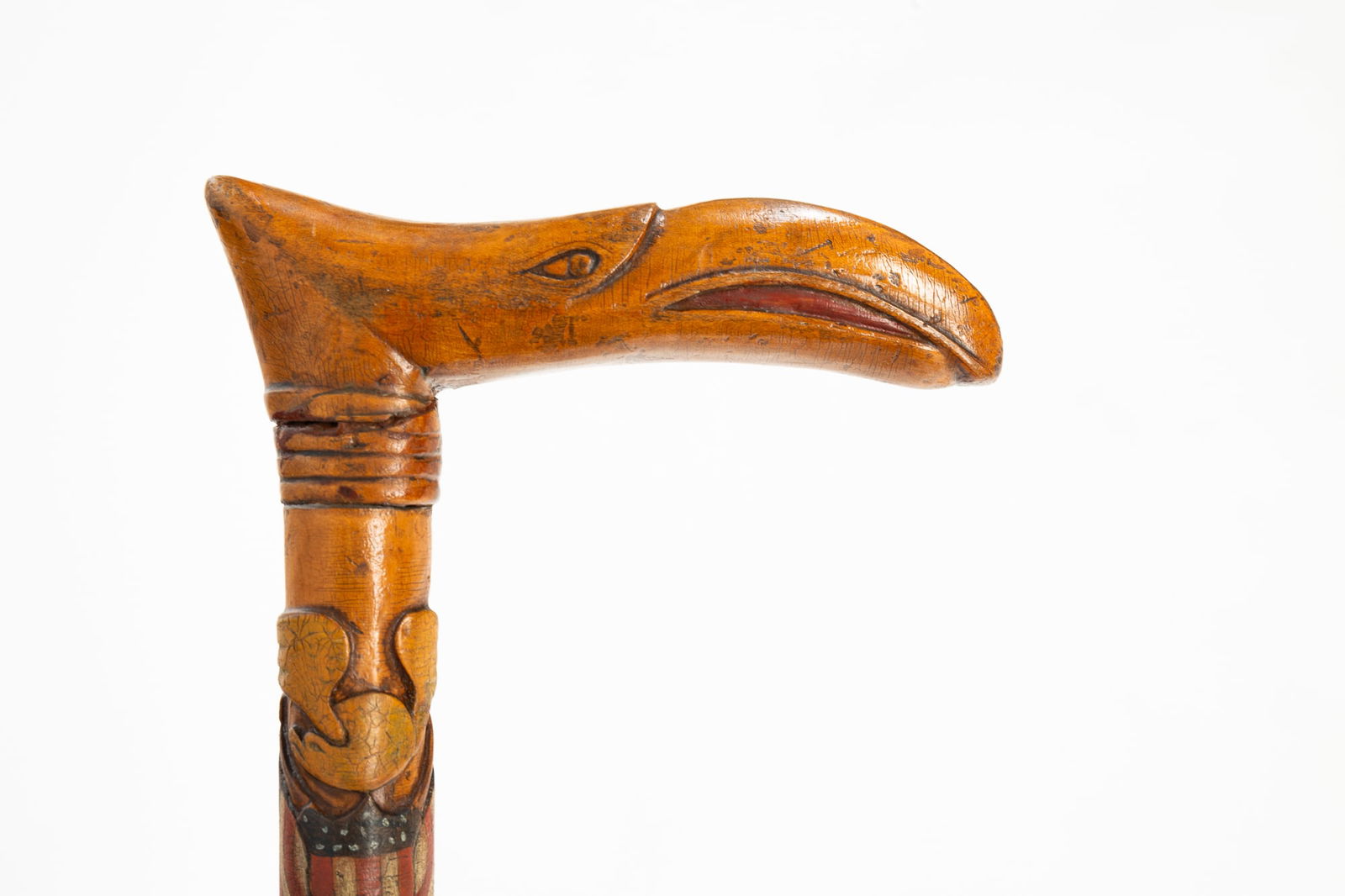 FOLK ART CARVED AND PAINTED WOODEN CANE WITH AMERICAN PATRIOTIC SYMBOLS. (1 of 7)