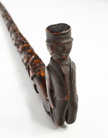 AMERICAN FOLK ART CARVED WOODEN CANE OF FIGURES, FARM ANIMALS, AND VINES.