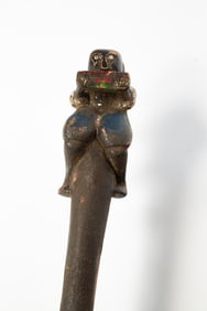 AMERICAN FOLK ART CARVED AND PAINTED WOODEN FIGURAL CANE WITH SEATED MAN.