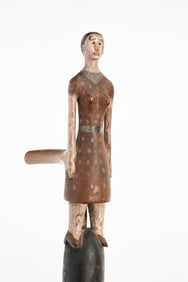 AMERICAN FOLK ART CARVED AND PAINTED WOODEN CANE OF A WOMAN WEARING A POLKA-DOT DRESS.