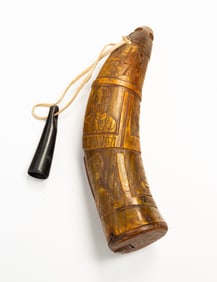 AMERICAN POWDER HORN CARVED WITH PORTRAITS OF HISTORICAL FIGURES, SIGNED "AHM" AND DATED 1871.