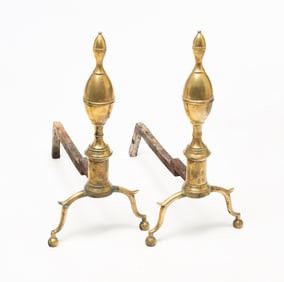 PAIR OF FEDERAL BRASS DOUBLE LEMON TOP ANDIRONS.