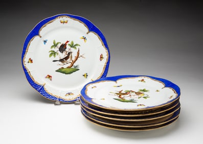 SIX HEREND ROTHSCHILD BIRD BLUE PORCELAIN DINNER PLATES.