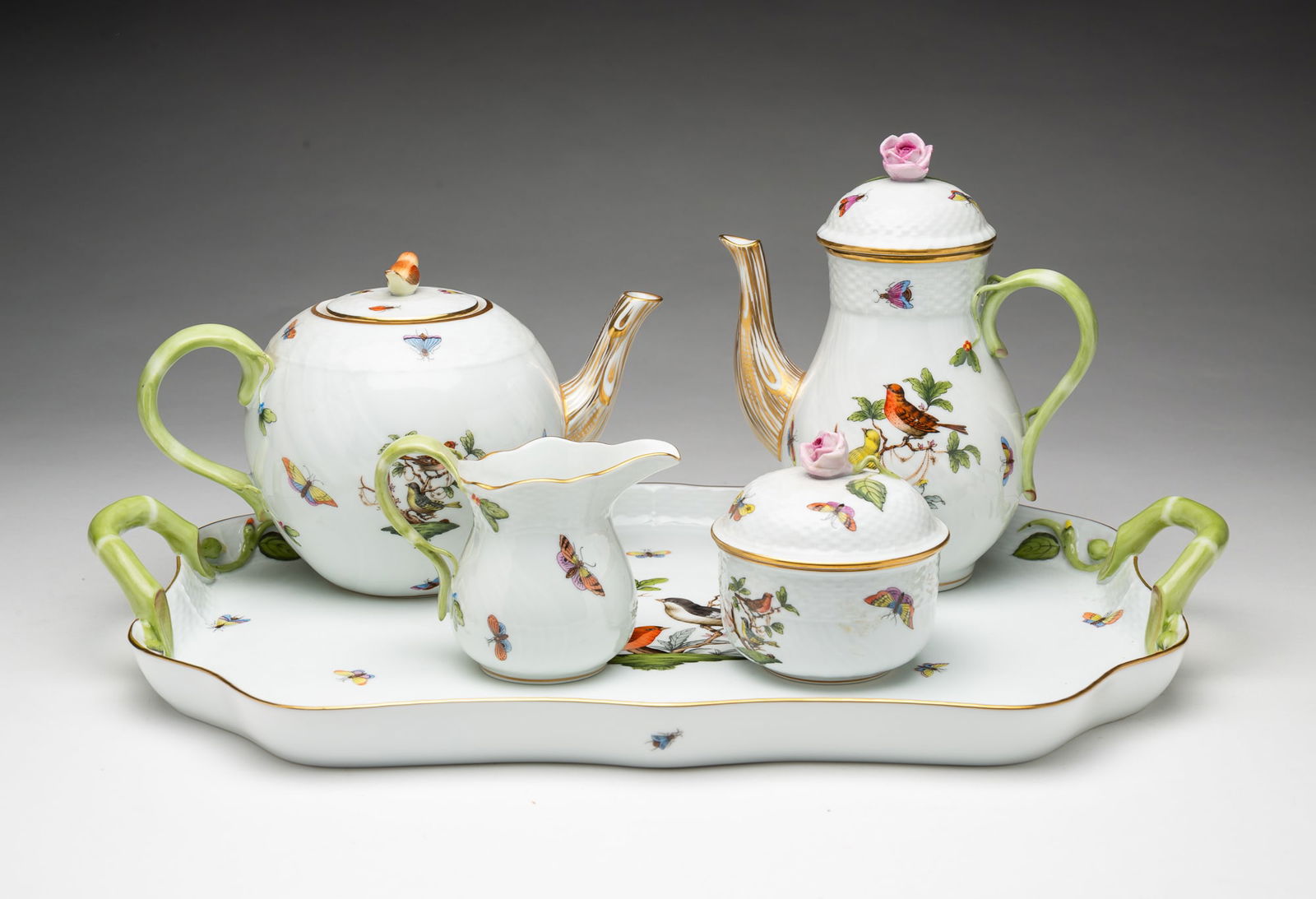 SET OF FIVE HEREND ROTHSCHILD BIRD PORCELAIN TEA AND COFFEE SERVING ITEMS. (1 of 6)