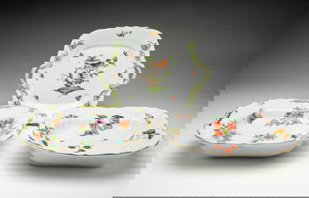 THREE HEREND PORCELAIN SERVING DISHES IN THE ROTHSCHILD BIRD, QUEEN VICTORIA, AND GARDEN MARKET