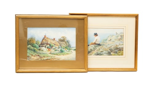 OTTO WEBER (GERMAN, 1832-1888) "BOY WATCHING HIS FATHER'S BOAT" WATERCOLOR AND A. MOLYNEUX STANNARD