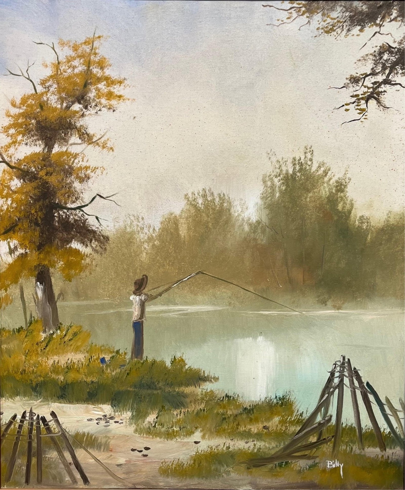 BILLY MILLIGAN (AMERICAN, 1955-2014) "ONE MORE CAST" OIL ON CANVAS.: American, 20th Century. Depicting a fisherman by water's edge, his fishing pole held aloft with the line in the water, surrounded by trees and grass, with a dirt path and collapsing fences in the fore