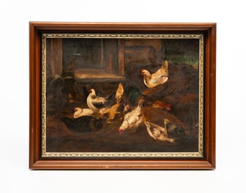 UNSIGNED FRAMED BARN SCENE WITH CHICKENS.