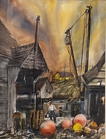 BYRON KOHN (AMERICAN, 1926-2010) "DOUG'S LANDING" WATERCOLOR ON PAPER.