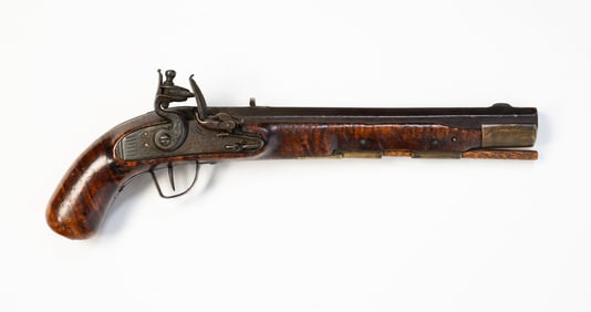 ENGLISH FLINTLOCK PISTOL WITH TIGER MAPLE STOCK.