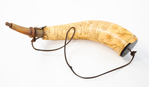 AMERICAN MAP POWDER HORN OWNED BY JOHN SUTHERLAND DETAILING HUDSON RIVER.