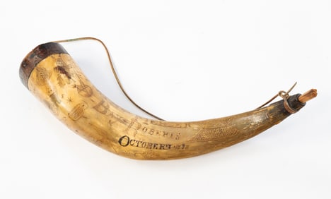 CANADIAN LARGE ENGRAVED POWDER HORN OWNED BY NATHAN MERCER, DATED 1838.