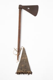 SCARCE MISSOURI RIVER TRADE AXE (WAR HATCHET) WITH BLEEDING HEART CUTOUT AND BRASS INLAID HEAD.