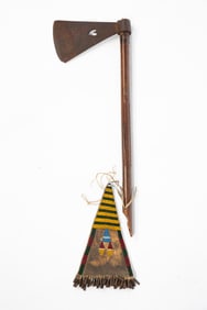 RARE SCARCE MISSOURI RIVER TRADE AXE (WAR HATCHET) WITH BLEEDING HEART CUTOUT AND BRASS INLAID HEAD.