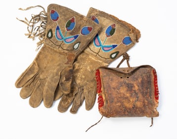 NATIVE AMERICAN BEADED BUFFALO HIDE GLOVES AND LEATHER POUCH.