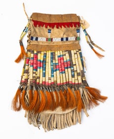 SCARCE PLAINS BEADED & QUILTED LEATHER TOBACCO POUCH WITH QUILLWORK.