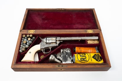 CASED COLT SINGLE ACTION ENGRAVED NICKEL PLATED SIX SHOT REVOLVER.