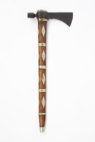 EARLY PIPE TOMAHAWK WITH SILVER INLAID CURLY MAPLE HAFT.