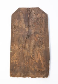 RARE AMERICAN CARVED PINE MEMORIAL GRAVE MARKER OR TOMBSTONE FOR CLAY L. LANE (1819-1856).
