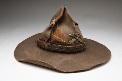 MONTANA PEAK COWBOY HAT WITH USS INDIAN SCOUT INSIGNIA PIN.